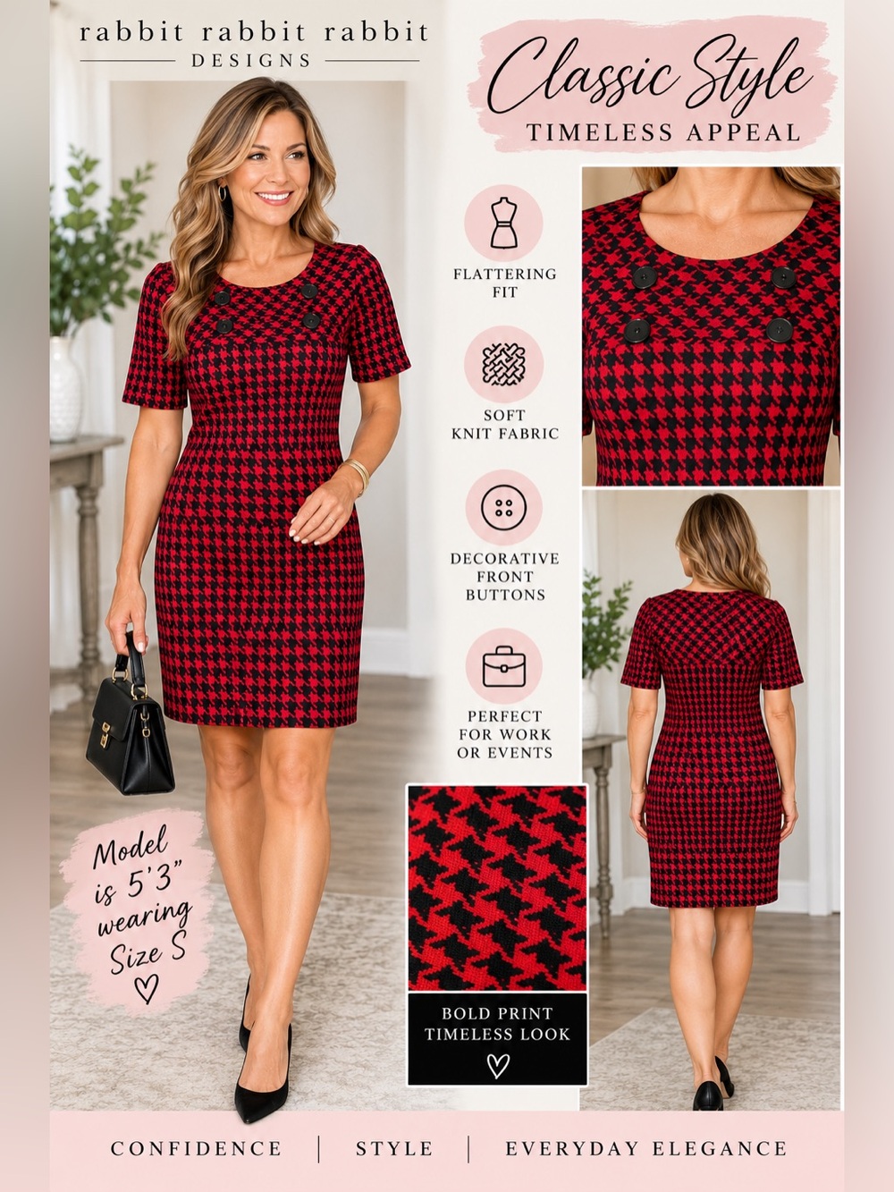 Rabbit Rabbit Rabbit Red & Black Houndstooth Midi Dress with Front Buttons
